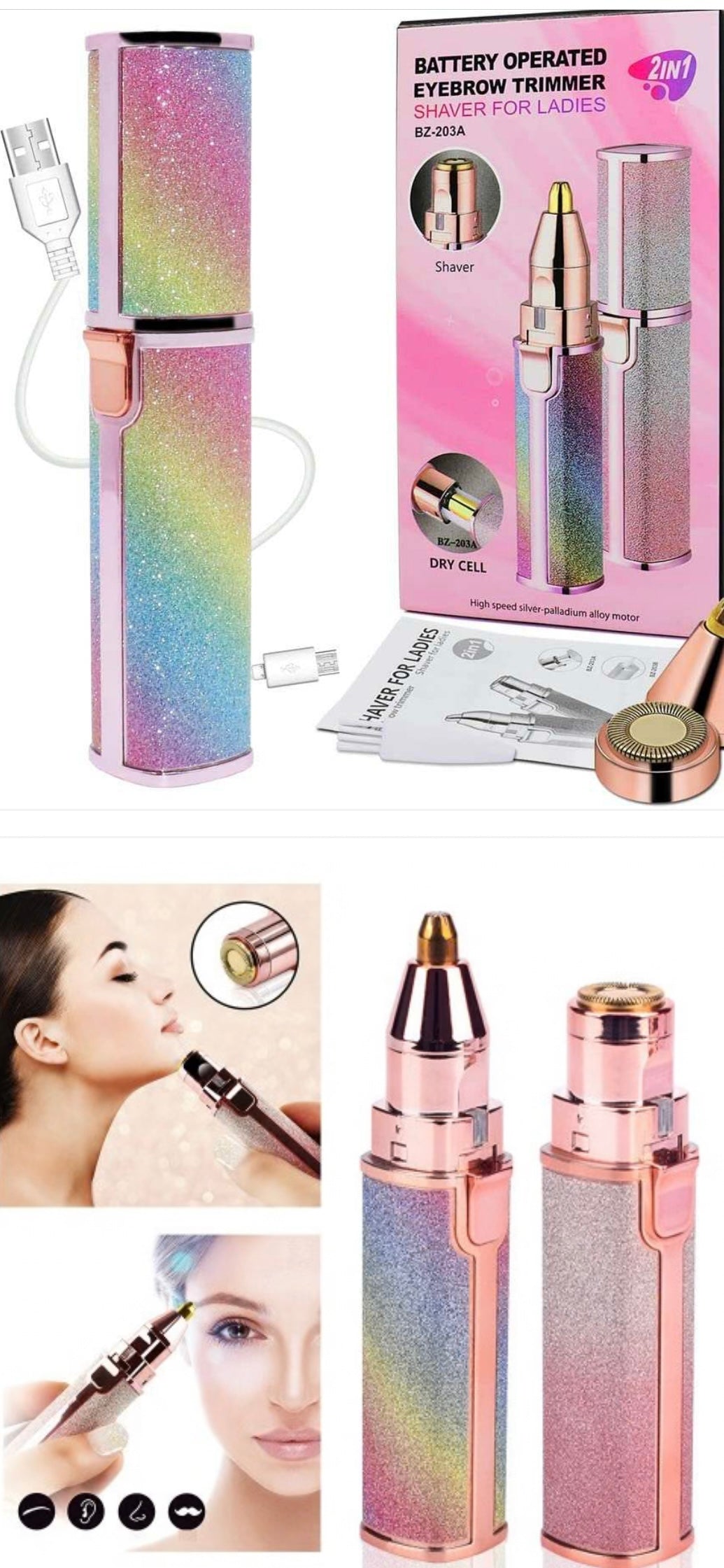 2-In-1 Flawless Eyebrow Trimmer | USB Rechargeable 2in1 Flawless Trimmer With Wire & Cleaning Brush | Eyebrow & Upper Lips Trimmer For Women (Rechargeable)